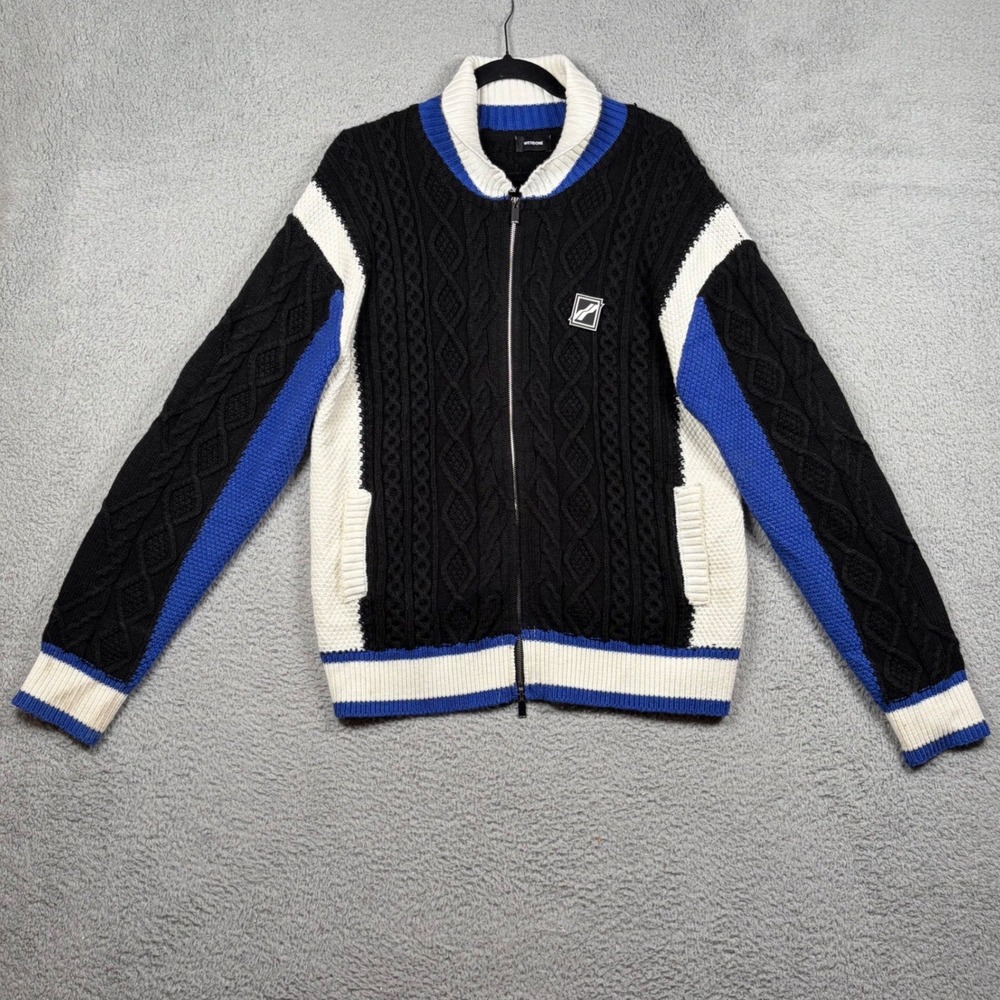 Y2K‎ WE11DONE Mens M Cable Knit Zip Cardigan Sweater Colorblock Patched Oversize